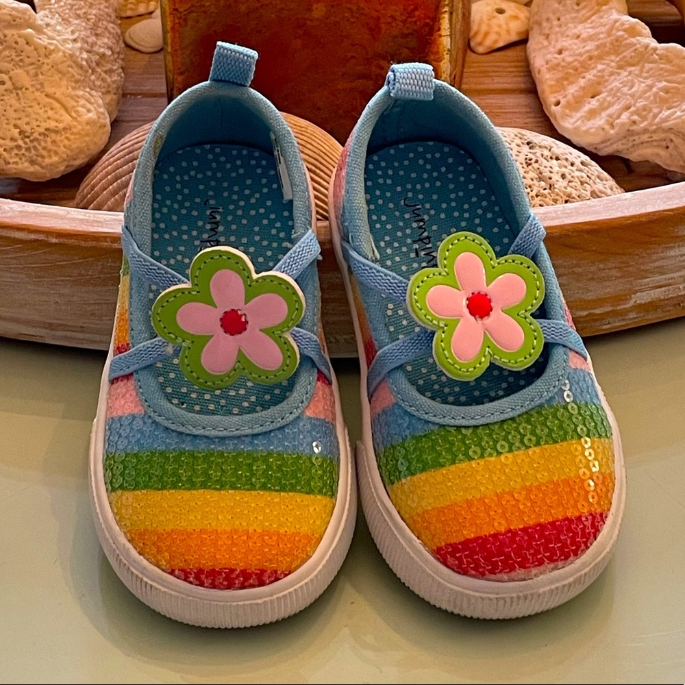 SOLD 🌈🌸Jumping Beans Shoes rainbow sequined daisy Toddler size 4 medium
